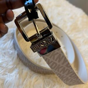 DKNY Beige Monogram Logo Belt with Silver Buckle